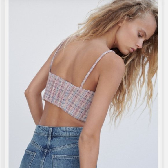 Pink and blue plaid tweed crop top - xs - Picture 2 of 6